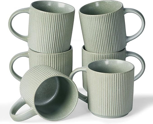famiware Coffee Mug Set for 6, Star 12 oz Catering Mugs Cup Set with Handle for Coffee, Tea, Cocoa, Milk - Ceramic Stoneware Drinkware Set, Matte Green-Ruum Studio Home