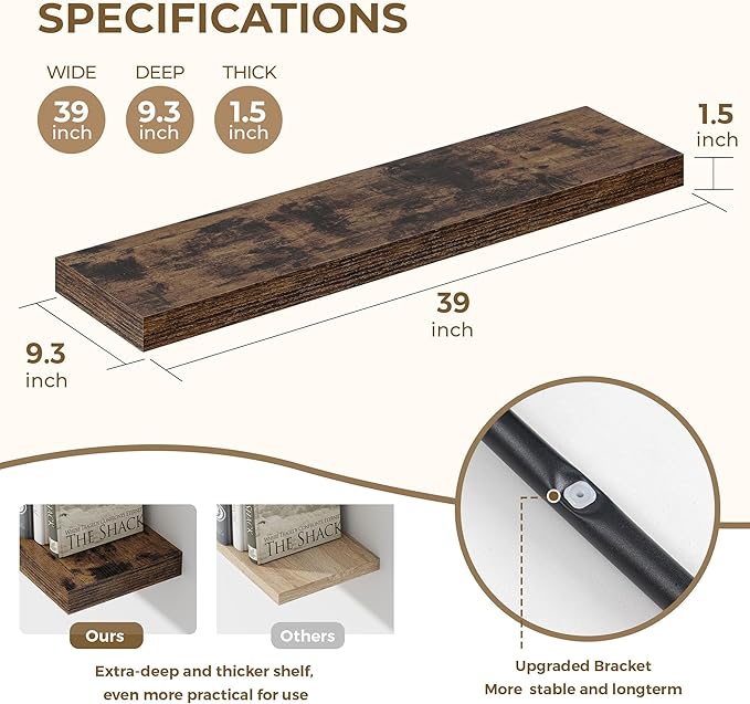 Dreamland 40 Inches Floating Shelves for Wall, 9.3" Deep Long Floating Shelves Set of 2, Large Display & Storage Shelf, Wall Shelf for Bathroom Bedroom Living Room Kitchen Office, Rustic Brown-Ruum Studio Home