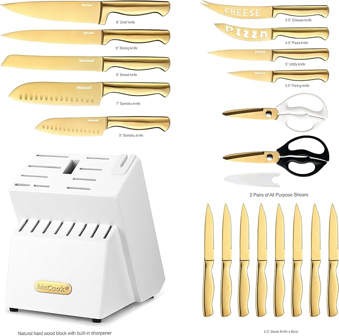 McCook® Kitchen Knife Sets, Golden Titanium Stainless Steel Knives Block Set with Built-in Sharpener-Ruum Studio Home
