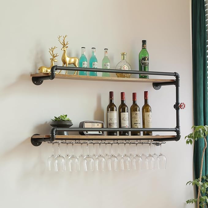 41 Inch Wine Rack Wall Mounted 2 Tier, Hanging Floating Bar Liquor Shelves with Glass Holder Storage Under, Industrial Rustic Pipe Farmhouse Kitchen Decor Black-Ruum Studio Home