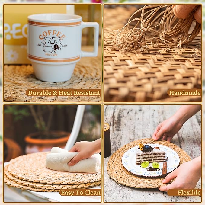 Defined Deco Woven Placemats Set of 4,13" Round Rattan Placemats,Natural Hand-Woven Water Hyacinth Placemats,Farmhouse Weave Place Mats,Rustic Braided Wicker Table Mats for Dining Table,Home,Wedding.-Ruum Studio Home