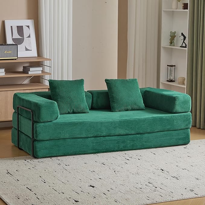Convertible Sleeper Sofa Bed, Compression Folding Sofa with Pillow, No Assembly Required, Shape Frame, Floor Sofas Lounge Couch for Living Room, Bedroom, Small Spaces(Corduroy, 77''W, Dark Green)-Ruum Studio Home