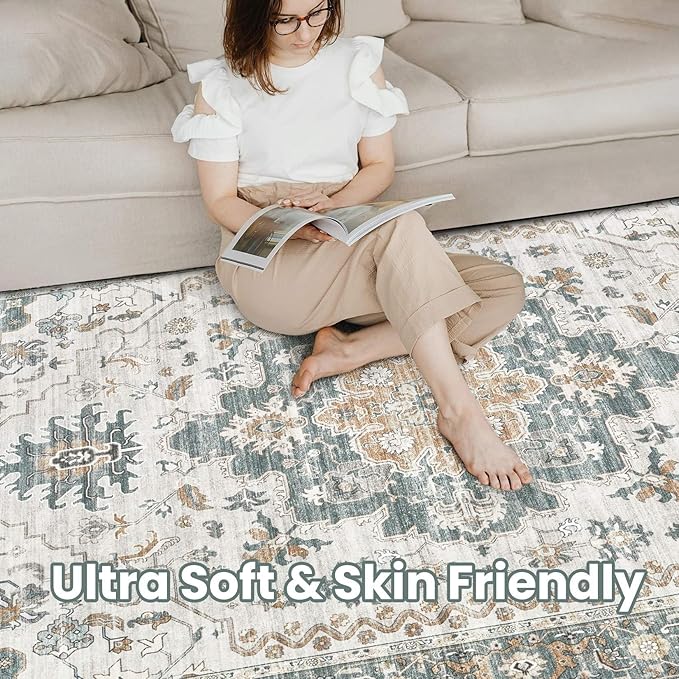 Washable Area Rugs for Living Room -9x12 Neutral Vintage Distressed Floral Farmhouse Boho Large Soft Floor Rug Indoor Non Slip Carpet for Living Room Bedroom Dining Room Office -Green/Grey-Ruum Studio Home