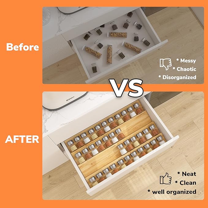 AMBIRD Bamboo Spice Drawer Organizer with Non-slip Mat,4 Tier - 2 Set Jar Spice Rack Tray From 9.5''to 19'', Seasoning Organizer for Kitchen,Cabinet,Drawers,Countertop-Ruum Studio Home