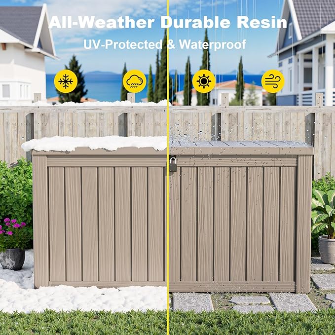 DRATO 150 Gallon Outdoor Storage Box, Large Waterproof Deck Box, Lockable Resin Storage Container with Reinforced Support for Patio Cushions, Garden Tools, UV-Resistant Outdoor Chest-Ruum Studio Home