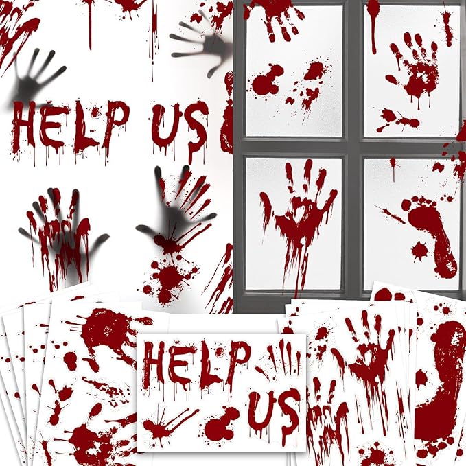 Halloween Window-Clings-Decorations Bloody-Handprint-Footprint Stickers, Scary Halloween Party Indoor/Outdoor Decoration, for Windows, Car - 12 Sheets-Ruum Studio Home