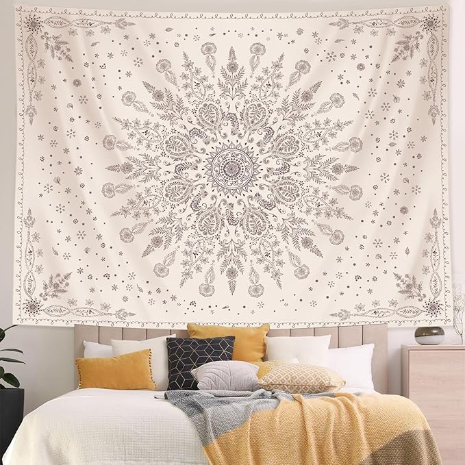 Lunerfex Boho Floral Tapestry Mandala Wall Tapestry, Cute Tapestries for Bedroom Beige Flower Tapestries Wall Hanging for Bedroom Living Room Decor Beige-1 60"x80"-Ruum Studio Home