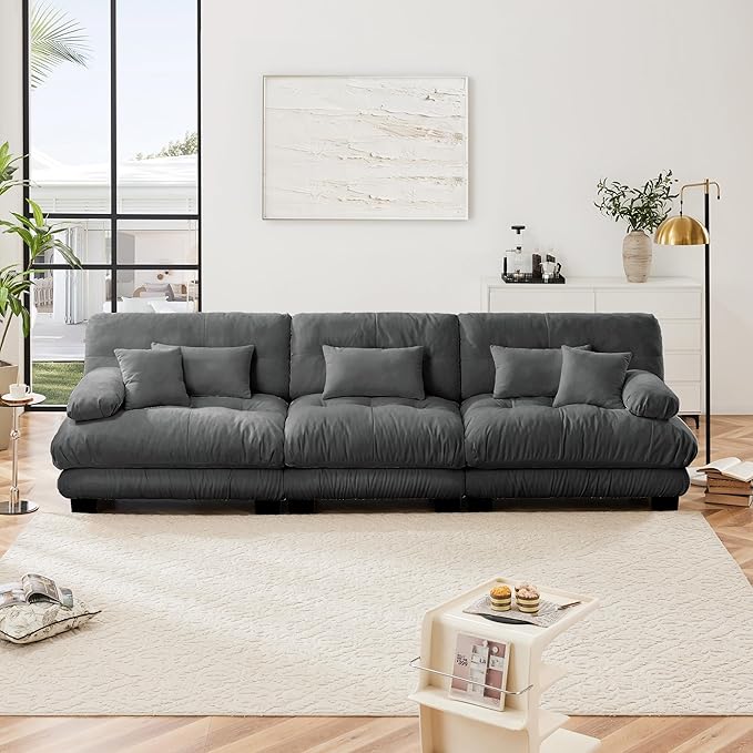 Modular Sectional Sofa Cloud Couch 3-Seater Deep Seat Sofa Couch, Oversized Couch Bed Sectional Couch with Round Bolster Armrests 5 Pillows, Modern Sofa Chair Comfy Couch(Gray)-Ruum Studio Home