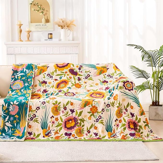 Boho Throw Blanket for Bed, 100% Cotton Soft Rustic Quilt Fall Blanket, 90"x98" Floral Printed Farmhouse Decor Bed Blankets, All Season Rustic Reversible Bohemian Throw Quilt-Ruum Studio Home