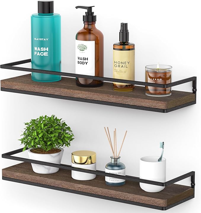 Meangood Floating Shelves Wall Mounted Set of 2, Rustic Wood Wall Storage Shelves for Bedroom,Living Room,Bathroom, Kitchen Brown-Ruum Studio Home