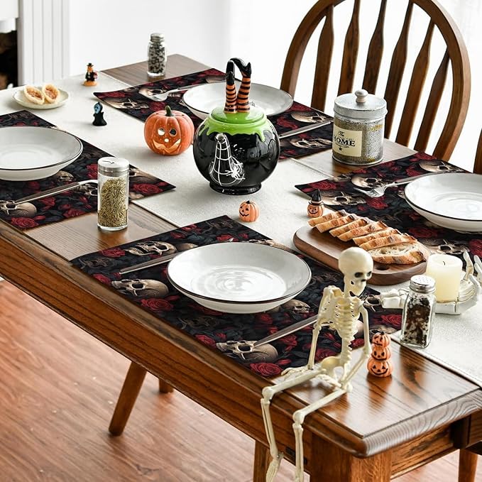 Halloween Skull Rose Placemats, Washable Heat Resistant 12×18 Inch Table Mats Floral Place Mats for Party Outdoor Decoration Kitchen Dining Décor-Ruum Studio Home