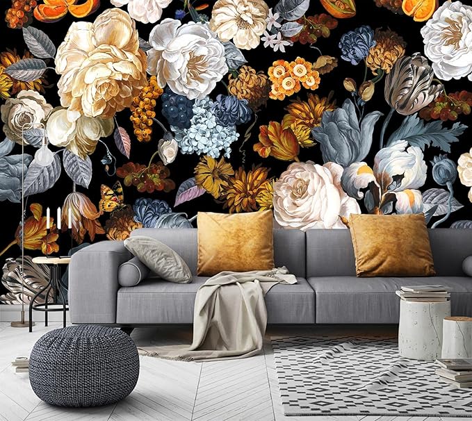 WFBHUA-Black and Gold Floral Wallpaper for Bedroom Vintage Blue Peony Flower Wall Mural (Not Peel and Stick)-Ruum Studio Home