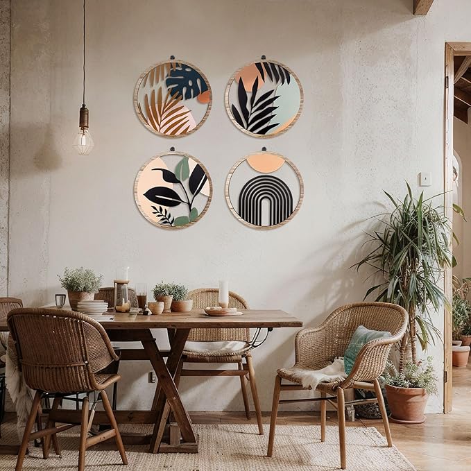 Qunclay 4 Pieces Boho Wall Art Wooden Bohemian Wall Decor Hanging Art Nursery Decor Farmhouse Geometric Hanging 10 Inch Aesthetic Wood Minimalist for Apartment Bedroom(Elegant)-Ruum Studio Home