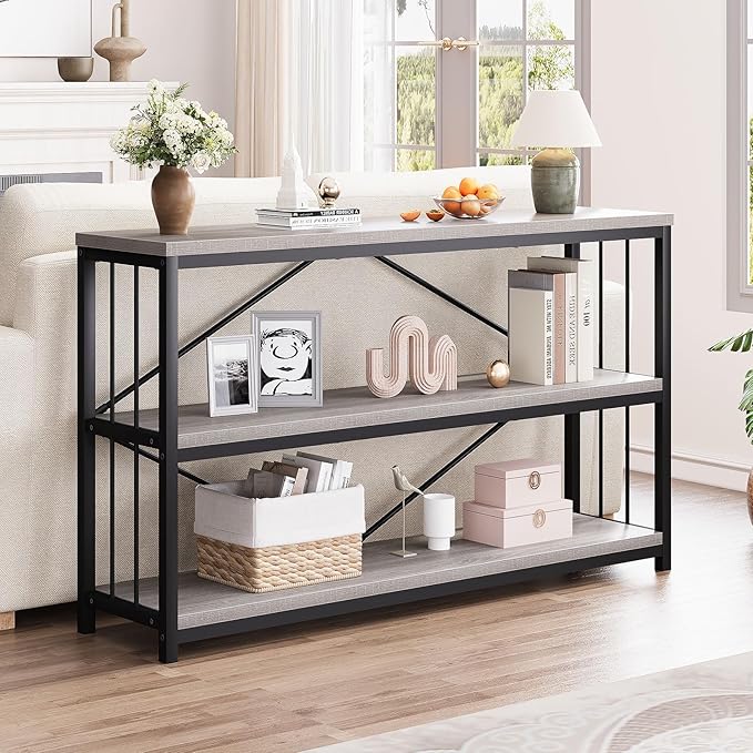 LVB Farmhouse Entryway Table, Metal Wood Console Table for Hallway, Industrial Rustic Sofa Table with 3-Tier Storage Shelf, Modern Entry Table for Foyer Front Home Living Room, Light Grey Oak, 47 inch-Ruum Studio Home