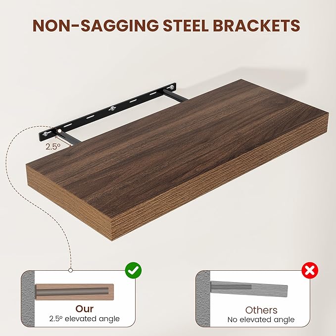 Wide Floating Shelves for Wall 12 Inch Deep, 36" X 12" X 2" Floating Shelf, 2 Inch Thick Shelf for Bathroom Bedroom Kitchen Book Room, Heavy Duty 65lbs Shelves for Farmhouse Decor Set of 2, Walnut-Ruum Studio Home