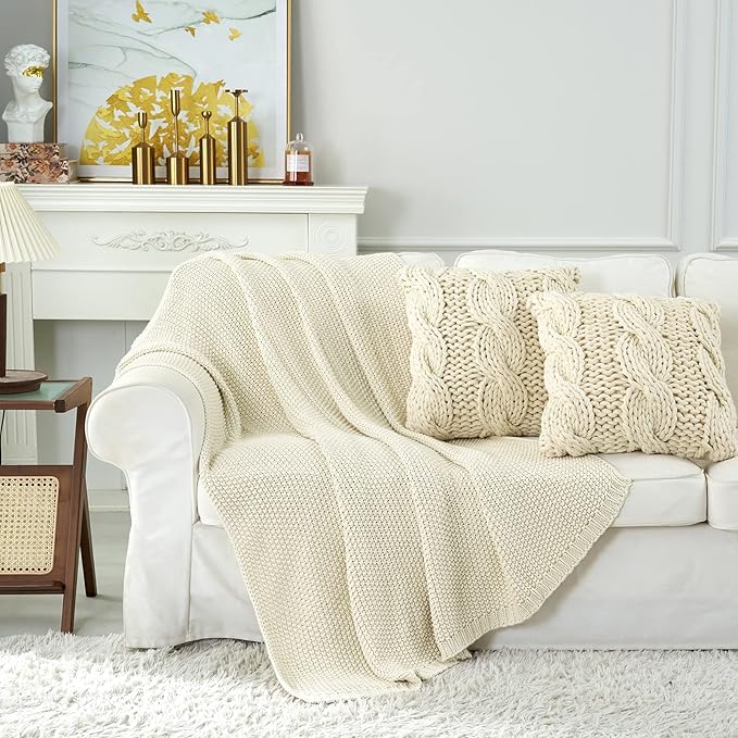 Longhui bedding Chunky Cable Knit Throw Blanket Lightweight Cream 100% Organic Cotton Blanket for Sofa Couch Bed Baby Nursery, Rustic Shabby Chic Modern Farmhouse, 60” x 80” Give Laundering Bag-Ruum Studio Home
