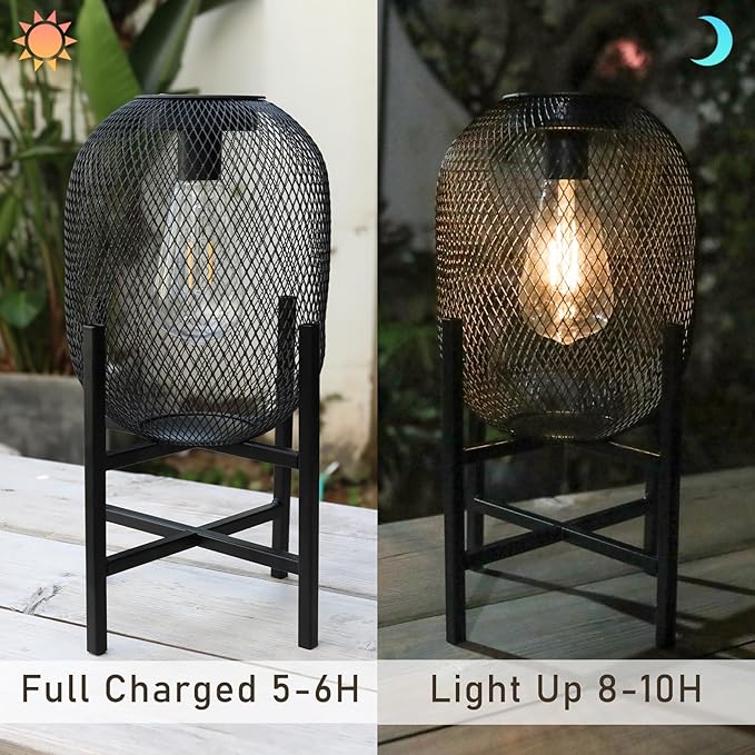 Solar Mesh Lantern Outdoor – 13.8" Tall Black Metal Patio Light with Edison Glass Bulb, Solar Powered Warm Glow LED, Waterproof IP65 for Garden, Porch, Deck, Tabletop Decor-Ruum Studio Home