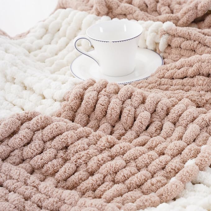 Battilo Chunky Knit Throw Blanket, Soft and Thick Chenille Throw Blanket, 50"x60" Handmade Cable Knit Crochet Blanket, Large Rope Knot Throw Blankets for Couch Sofa Bed Home Decor, Blush & White-Ruum Studio Home