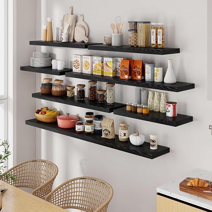55 Inch Floating Shelves Black, Rustic Wood Floating Shelf Wall Mounted, 9 Inch Deep Floating Shelf for Kitchen, Bedroom, 55 x 9 Wall Shelves for Home Storage, Set of 1-Ruum Studio Home
