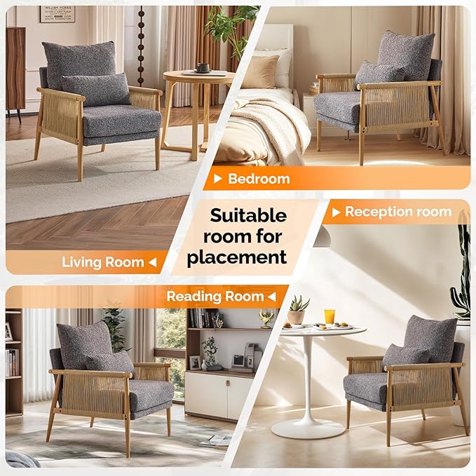 VINGLI Boho Braid Accent Armchair,Mid-Century Modern Chiar with Solid Wooden Armrest,Comfy Louge Cushion Chair with Waist Pillow for Bedroom,Living Room,Reading Room, Gray-Ruum Studio Home