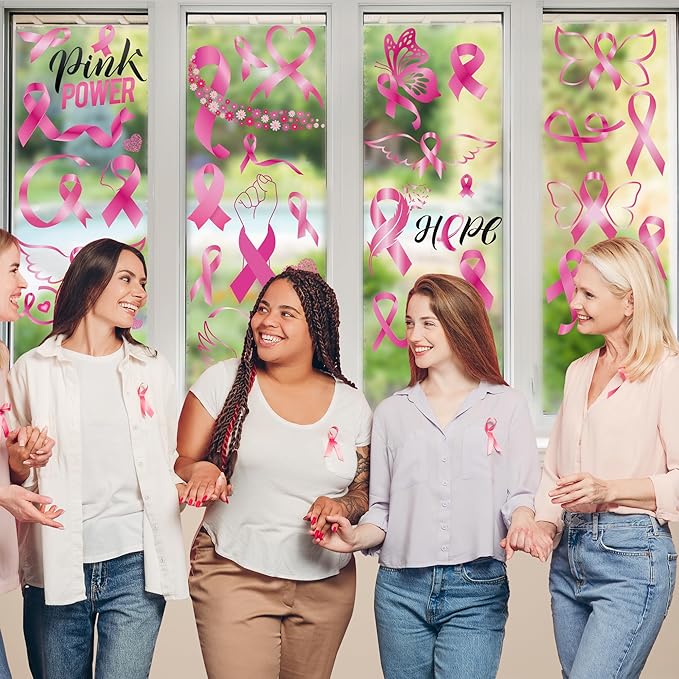 9 Sheets Breast Cancer Awareness Window Clings, 77 Kinds of Pink Window PVC Stickers for Pink Ribbon Decorations, Hope Fight Cancer Theme Windows Decals for Glass Home Decor Supplies-Ruum Studio Home
