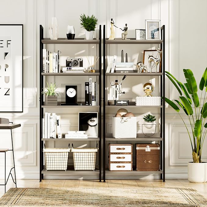 NUMENN Bookshelf, 5 Tier Bookshelves, Home Office Bookcase Shelf Storage Organizer, Free Standing Storage Shelving Unit for Bedroom, Living Room and Home Office, Grey-Ruum Studio Home