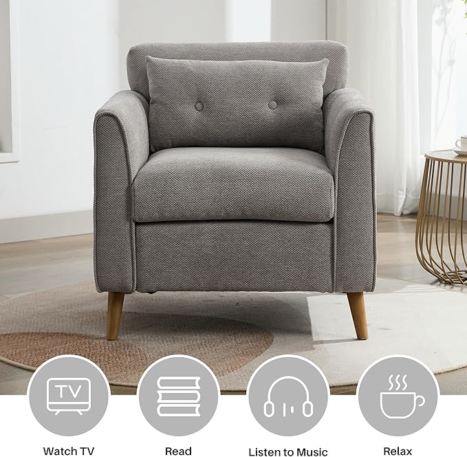 Mid Century Modern Accent Chairs, Chenille Grey Upholstered Armchair,Living Room Chairs with Wooden Legs, Side Single Sofa Chair for Bedroom, Office Cafe Waiting Room Apartment-Ruum Studio Home