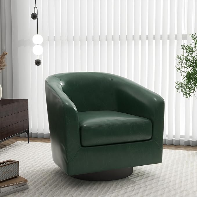 Swivel Barrel Accent Chair, Modern Round Faux Leather Arm Chair for Living Room, Bedroom, Comfy Club Reading Chairs for Adults(Faux Leather, Green, Set of 1)-Ruum Studio Home