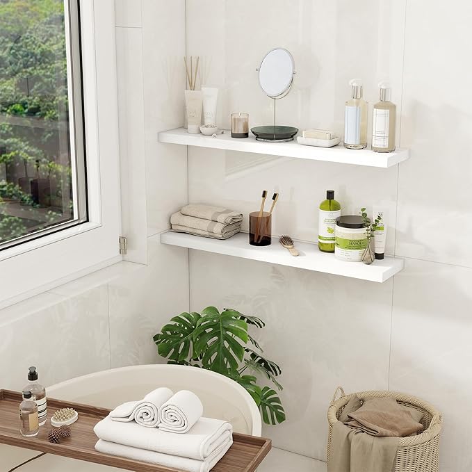 Fun Memories 32Inch Floating Shelves for Wall 2 Pack Wood Shelves for Kitchen, Bathroom, Bedroom Wall Mounted Rustic Wood Floating Shelf with Invisible Brackets for Books, Storage, Decor, White-Ruum Studio Home