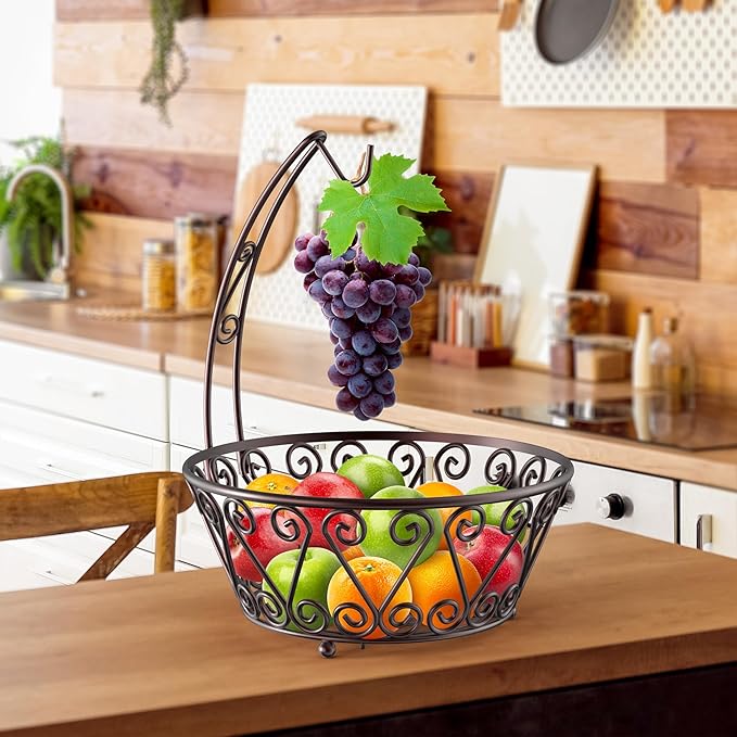 SimpleHouseware Fruit Basket Bowl with Banana Tree Hanger, Bronze-Ruum Studio Home