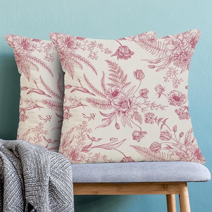 CXMEIFLY Hot Pink Spring Pillow Covers 18 x 18 Inch Set of 2 for Chinoiserie Flowers Decor Throw Pillows Floral Leaves Seasonal Plant Outdoor Decorative Cushion Cases for Couch Bed Decorations-Ruum Studio Home