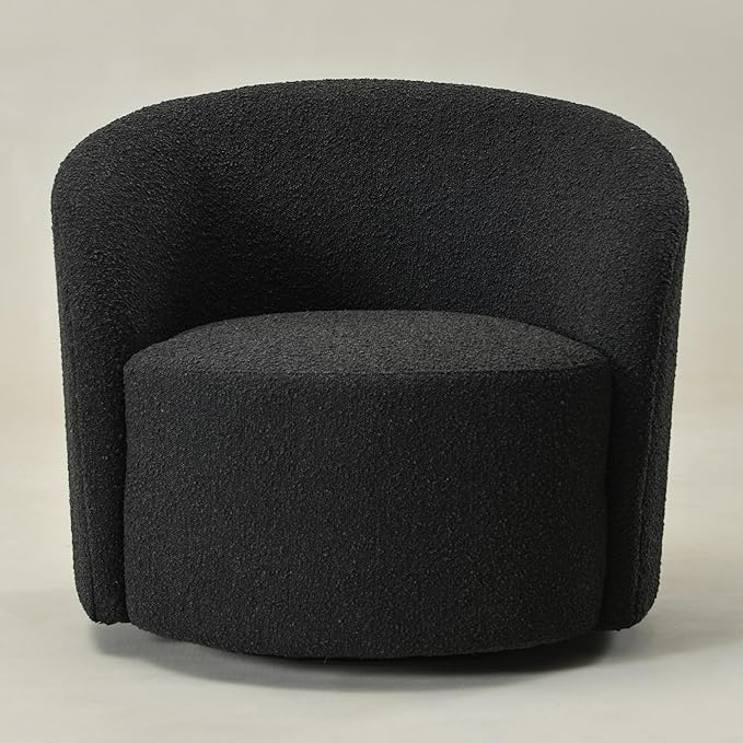 KINWELL 34" Boucle Swivel Barrel Chair with 18" Round Ottoman Set, Fully Assembled Set of Sherpa Accent Chair and Footrest, Modern Comfy Armchair and Footstool for Living Room and Bedroom, Black-Ruum Studio Home