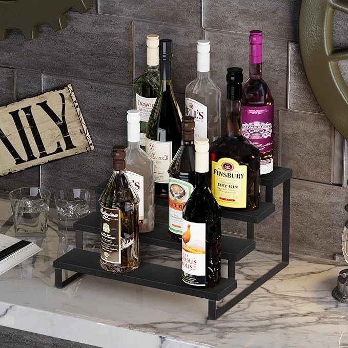YINMIT Wooden Display Riser Stand, Tiered Perfume and Cologne Organizer Stand, 4 Tier Spice Rack Organizer, Rustic Display Shelf for Candles (4 Tier,Black)-Ruum Studio Home