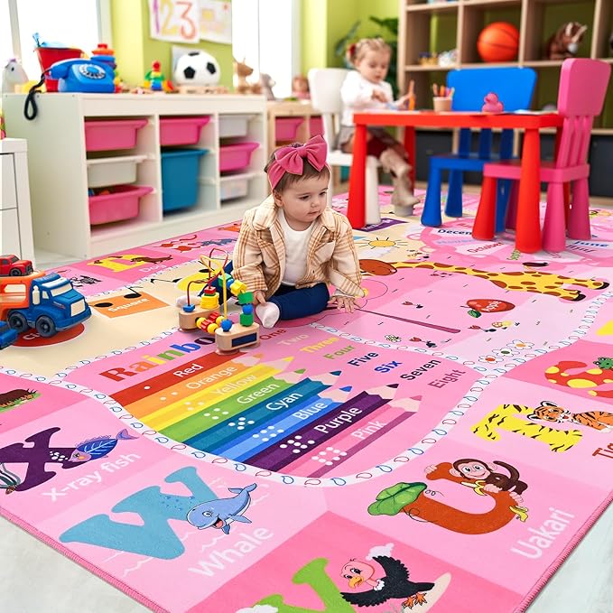 Kids Rugs for Playroom Bedroom Classroom Nursery, Non-Slip and Washable Rugs for Children Toddlers Girls, Educational and Fun Rug Carpets with ABC Alphabet Animals Shapes, 6x9, Pink-Ruum Studio Home