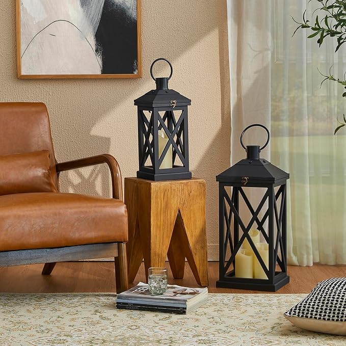 Glitzhome Modern Farmhouse Wooden Lantern Hanging Decorative Candle Lantern for Outdoor & Indoor Black Set of 2 (No Glass)-Ruum Studio Home