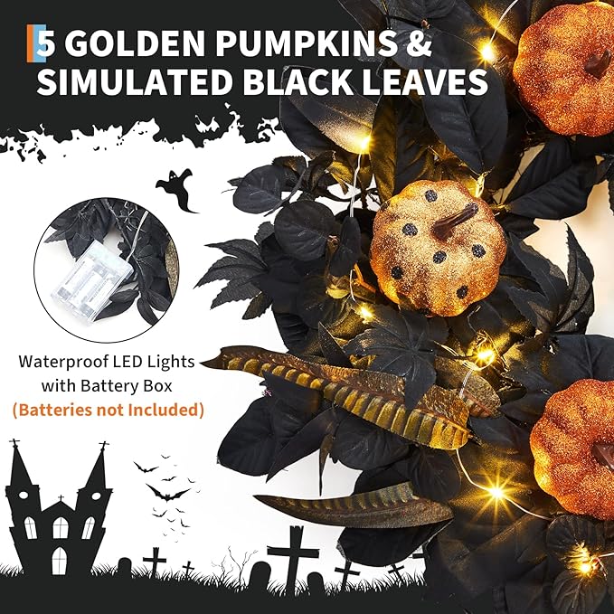 GarveeHome Halloween Wreath for Front Door, 18 Inch Fall Wreath with Pumpkins and Maple Leaves for Indoor Outdoor Wall Window Porch Patio Garden Farmhouse Home Party Prom Decoration-Ruum Studio Home