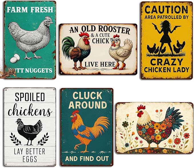 6 Pack Chicken Coop Signs – Vintage Farm Accessories Funny Metal Tin Signs for Outdoor Chicken Coop Decor, Farmhouse Wall Art, Rustic Barn Yard Decorations, 8x12 Inch-Ruum Studio Home