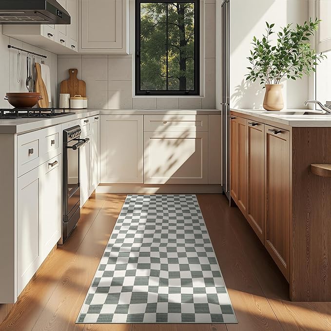 jinchan Runner Rug 2x6 Hallway Washable Modern Checkered Geometric Lattice Kids Bedroom Rug Indoor Floor Cover Non Slip Soft Carpet for Nursery Room Kitchen Laundry Room Home Grey-Ruum Studio Home