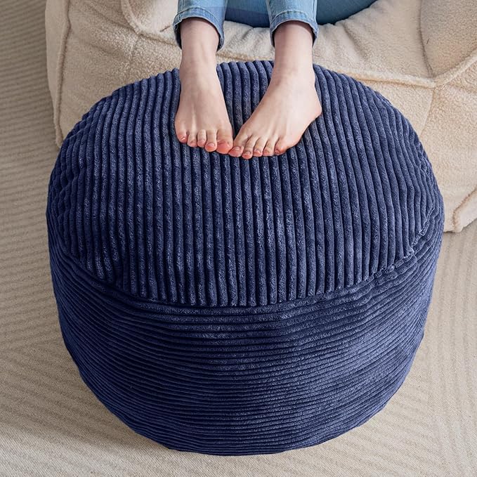 HIGOGOGO Round Stuffed Pouf Ottoman, Corduroy Poufs with Foam Chunk Filling, Furry and Fluffy Pouf Foot Stool Storage Ottoman, 20 X 15 Floor Poufs Foot Rest for Living Room, Navy-Ruum Studio Home