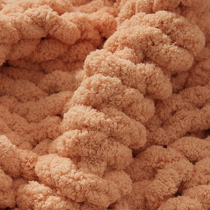 WESHIONGOO Chunky Knit Blanket Throw Knitted Throw Blankets for Couch Bed Fluffy Soft Blanket with Jumbo Chenille Yarn Thick 100% Handmade(Peach Fuzz, 50"×60")-Ruum Studio Home