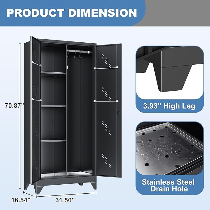 Metal Garage Storage Cabinet with Locking Doors, 71" Tall Broom Closet Storage Cabinet, Heavy Duty Garage Organization Cabinets, Steel Cabinet with Hanging Rod, Assembly Required-Ruum Studio Home