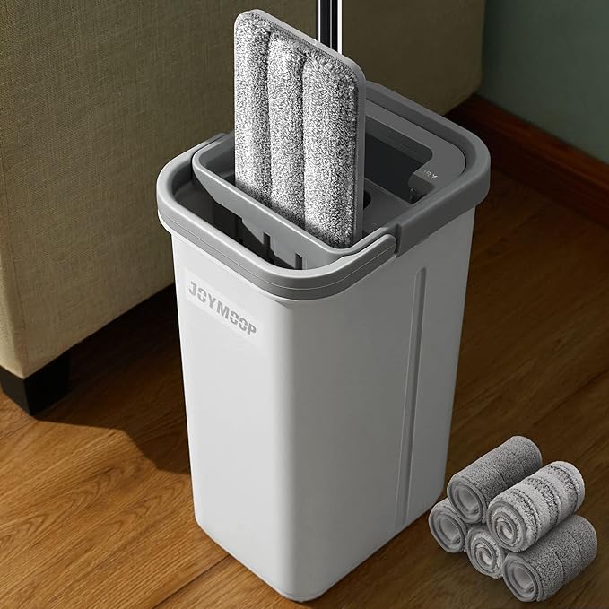 JOYMOOP Mop and Bucket with Wringer Set, Hands Free Flat Floor Mop and Bucket, with 5 Washable Microfiber Pads, Wet and Dry Use, Floor Cleaning System-Ruum Studio Home