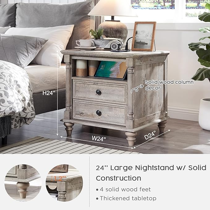 T4TREAM 24'' Farmhouse End Table w/4 Solid Wood Feet, Large 2 Drawers Wide Sofa Side Table with Charging Station, Tall Rustic Wood Square Nightstand for Living Room, Bedroom, Office, Light Rustic Oak-Ruum Studio Home