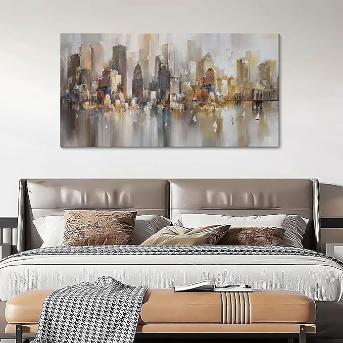New York City Wall Art - Modern Abstract Wall Art for Living Room, Office & Bedroom Cityscape & Paintings for Bedroom brooklyn bridge Wall Art Pictures Wall Decor Chicago Artwork for Walls 24×48IN-Ruum Studio Home