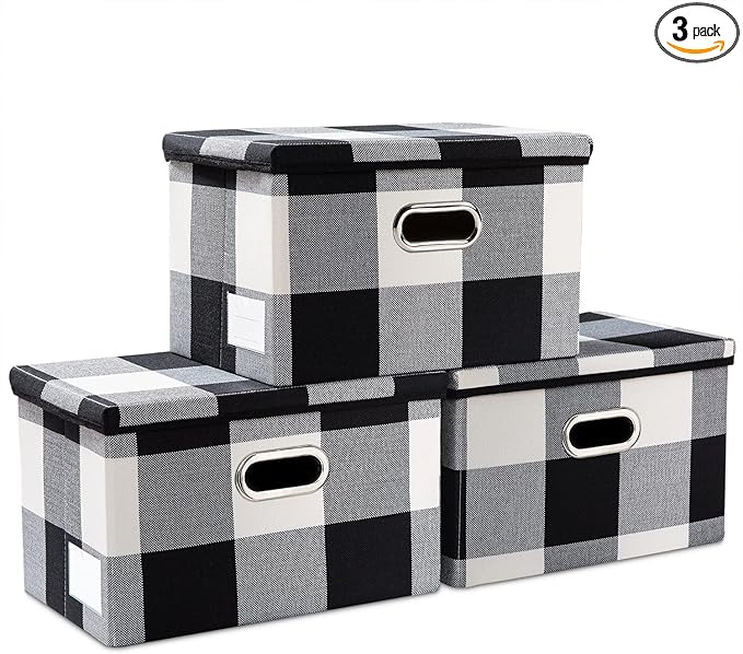 PRANDOM Collapsible Storage Bin with Lid [3-Pack] Fabric Foldable Storage Box Organizer Container Basket Cube with Cover for Home Bedroom Closet Office Nursery Black and White Grid(14.9x9.8x9.8)-Ruum Studio Home