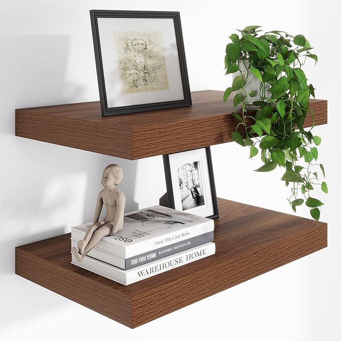 Heimlove 24 x 12 Inch Deep Floating Shelves Wall Mounted with Invisible Brackets,Storage Hanging Shelf for Wall Decor in Bathroom, Bedroom, Toilet, Kitchen, Living Room, Office Set of 2 (Walnut)-Ruum Studio Home