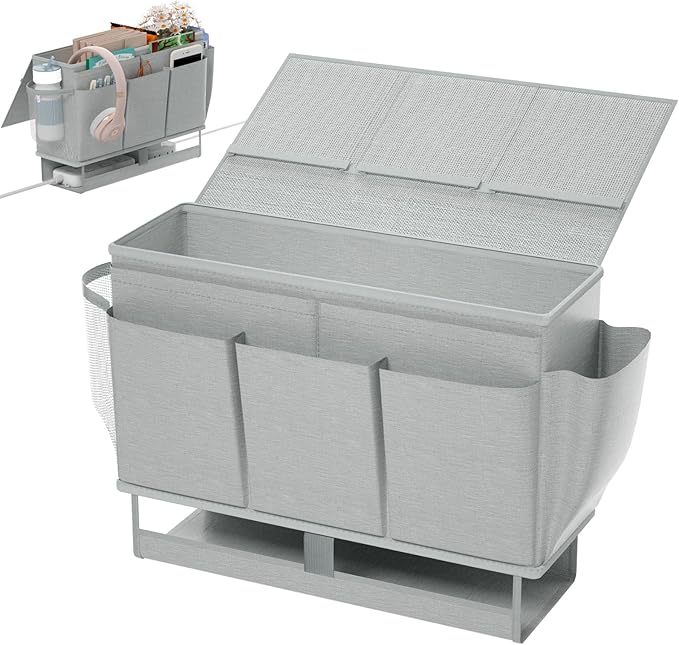 Bedside Caddy, Bed Organizer with 11 Pockets and Power Strip Holder,Versatile Bedside Storage Caddy for Home,Dorm,Bunk,Hospital,Crib Bed (Grey)-Ruum Studio Home