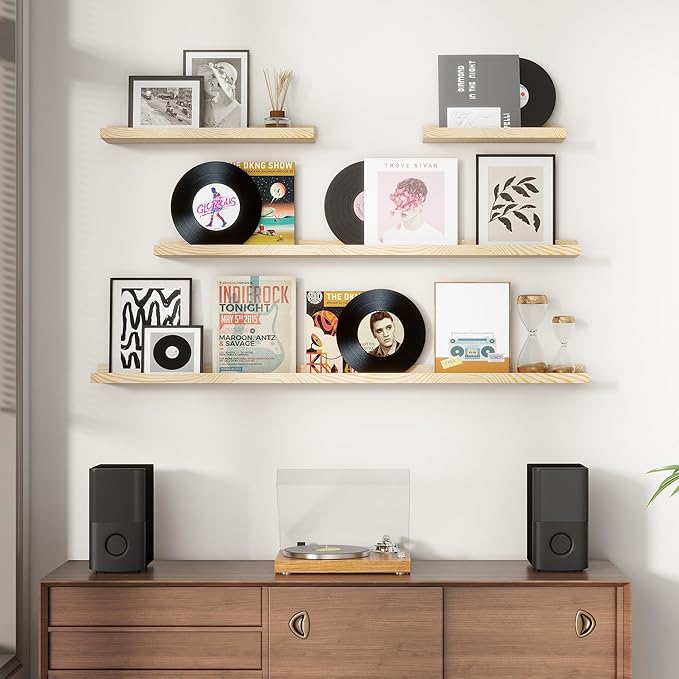 Picture Ledge Shelf for Wall, 36 inches Solid Pine Wood Nursery Book Shelves 3 Packs, Floating Ledge Shelves for Kids' Room Bedroom Bathroom Living Room Photo Frames Office Nursey Wall Decor, Natural-Ruum Studio Home