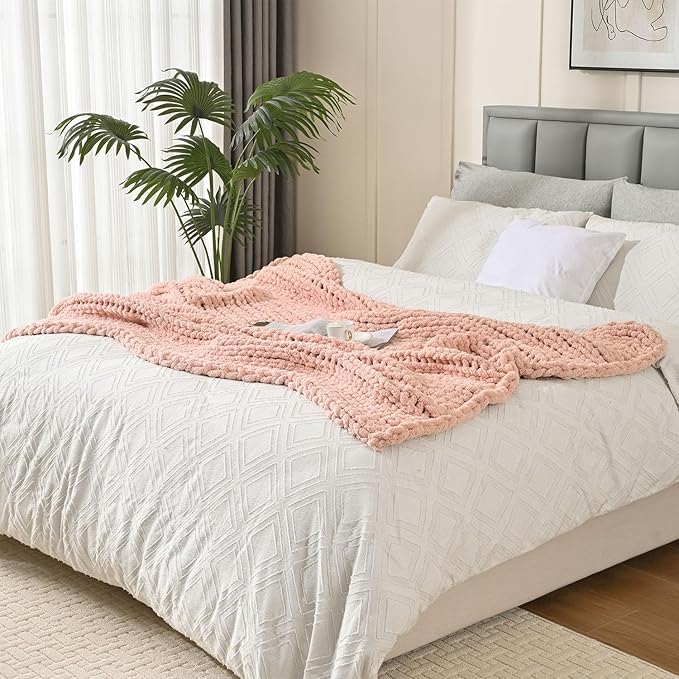 Esterra Chunky Knit Blanket Throw 60"x80", 100% Hand Knitted Chenille Throw Blanket, Cozy Soft Thick Cable Knit Throw Large Rope Knot Crochet Throw Blanket for Sofa Couch Bed, Dusty Pink-Ruum Studio Home