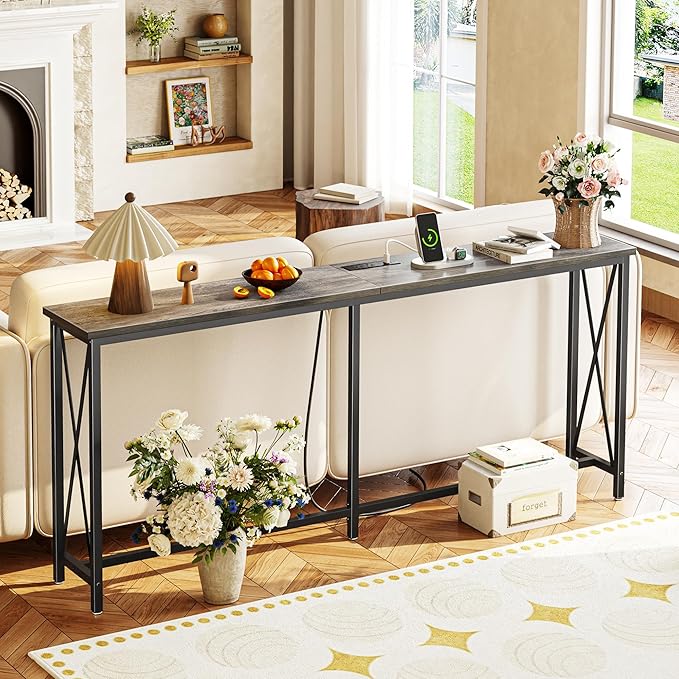 SUPERJARE 70 Inch Console Table with Outlets and USB-C Port, Extra Long Behind Couch Sofa Table with X-Shaped Design, Narrow for Entryway, Living Room, Metal Frame, Wooden Top, Grey-Ruum Studio Home